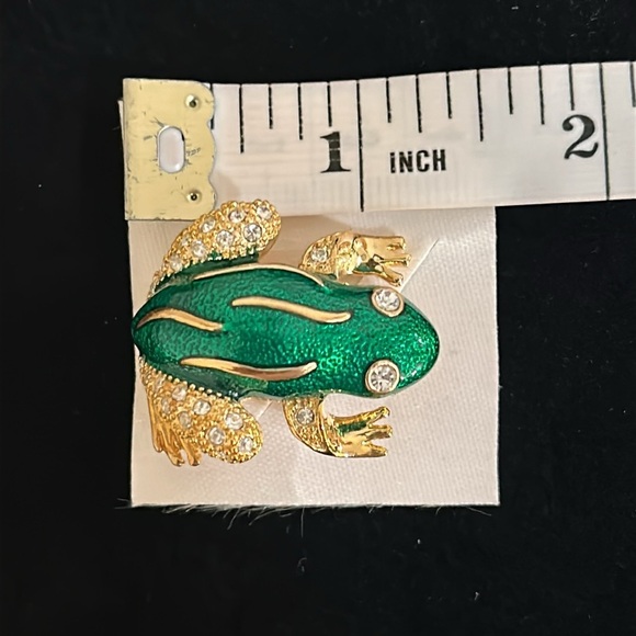 Roman Green Enamel Rhinestone Frog Brooch Pin, Signed - Picture 12 of 13